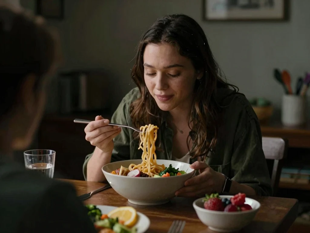 Illustration af m&aring;ltid i balance med bl&oslash;de former